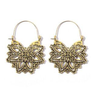 Gold Filagree Lotus Flower Dangle Earrings New